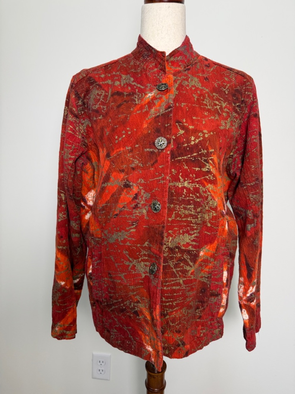 Chico's Red & Orange Abstract Metallic-Print Button Jacket